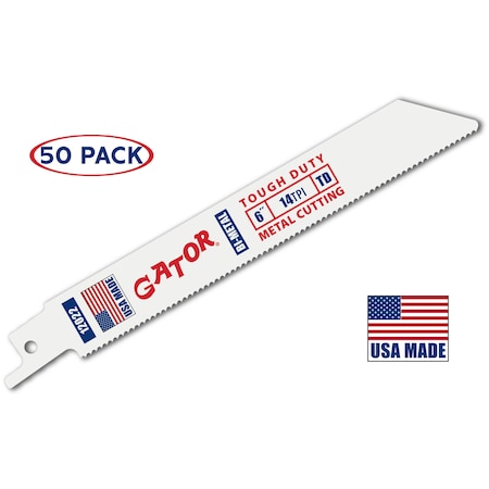 Gator Reciprocating Saw Blade, 6 in x 3/4 in x 14 TPI, Tough Duty Metal Cutting, 50PK 12022